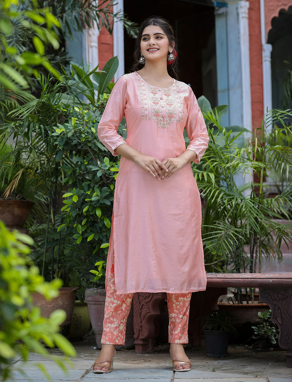 Pink Floral Modal Silk Kurta Pant Set With Dupatta (Set of 3) - Kaajh - #tag4#