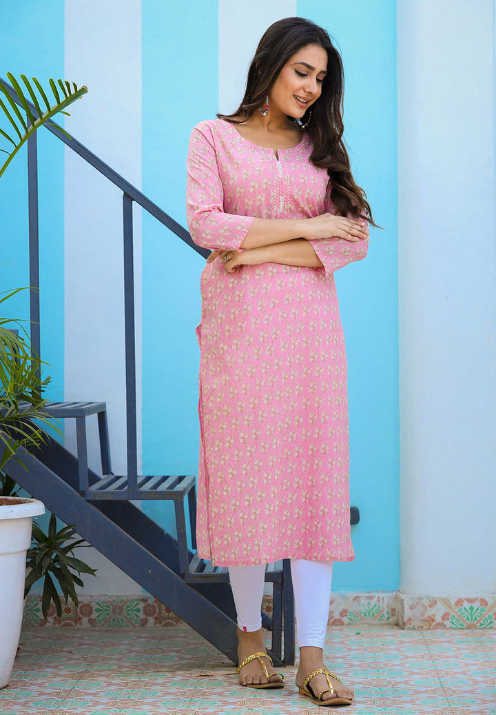 Pink Floral Printed Cotton Casual Kurta - Kaajh - #tag4#