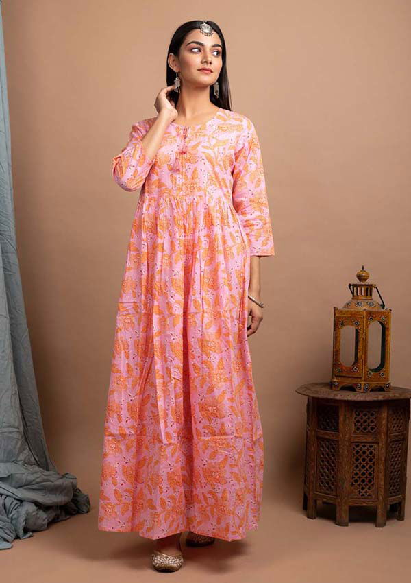 Pink Floral Printed Cotton Ethnic Gown (Pack Of 1) - Kaajh - #tag4#