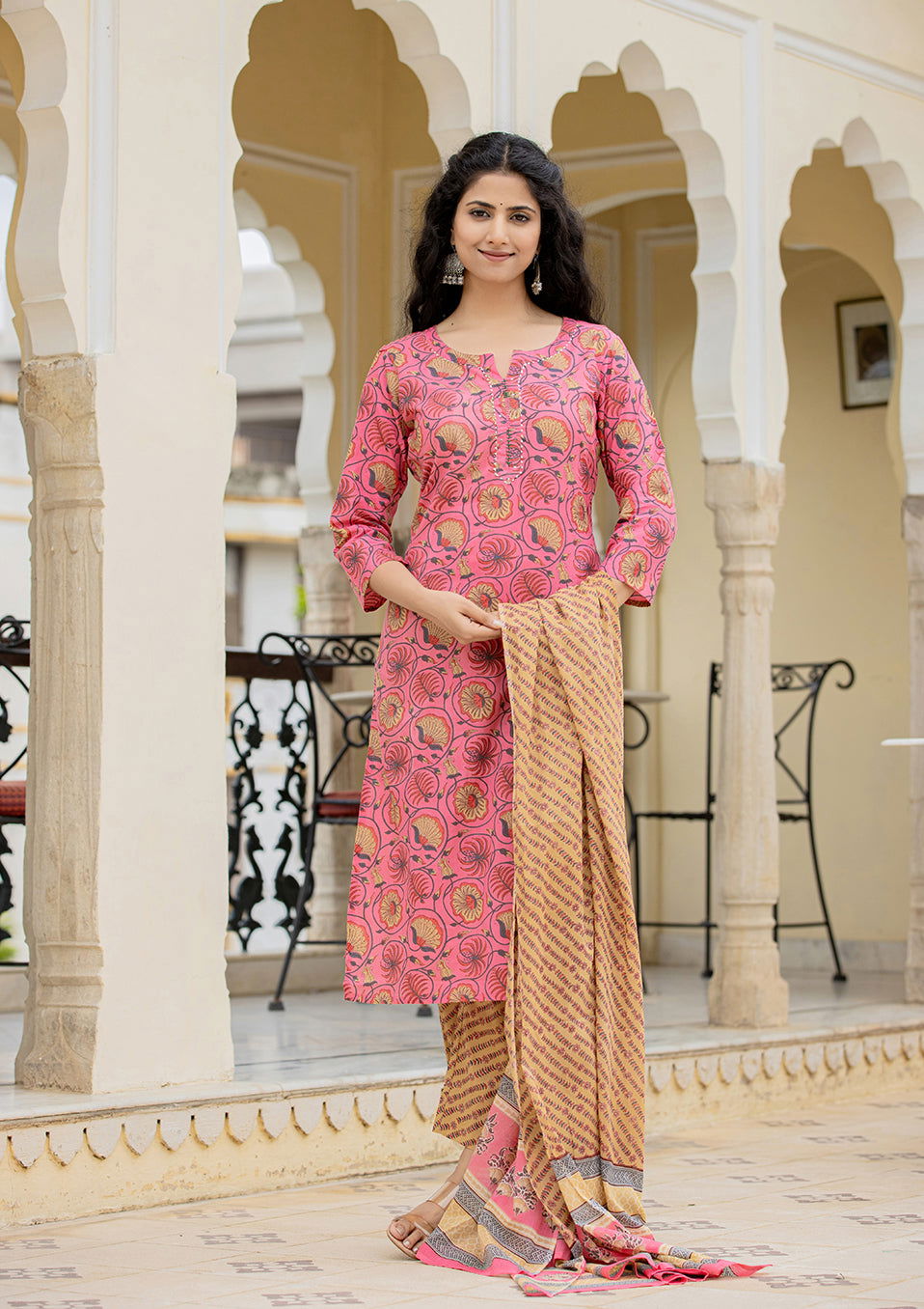 Pink Floral Printed Kurta Pant Set With Dupatta (pack of 3) - Kaajh - #tag4#