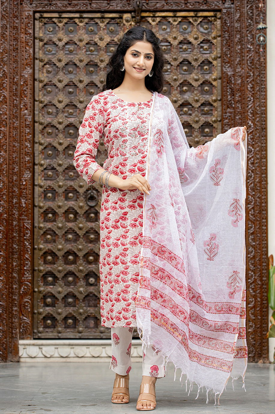 Pink Handblock Print Cotton Kurta Pant Set With Dupatta (pack of 3) - Kaajh - #tag4#