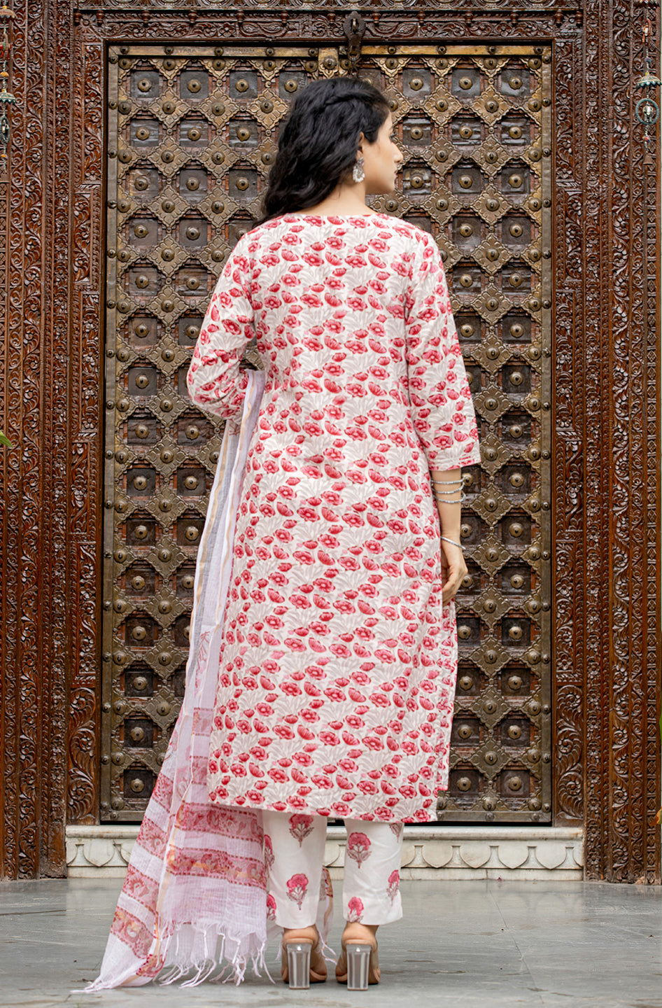 Pink Handblock Print Cotton Kurta Pant Set With Dupatta (pack of 3) - Kaajh - #tag4#