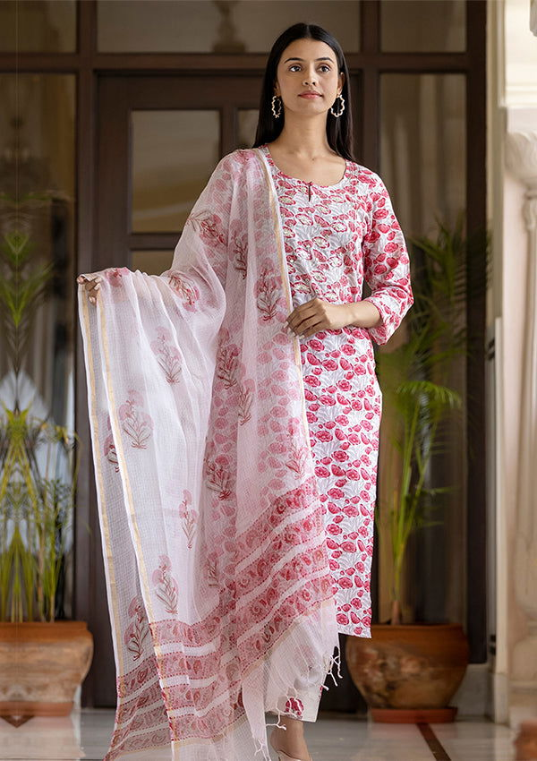 Pink Handblock Printed Cotton Suit Set  (pack of 3) - Kaajh - #tag4#