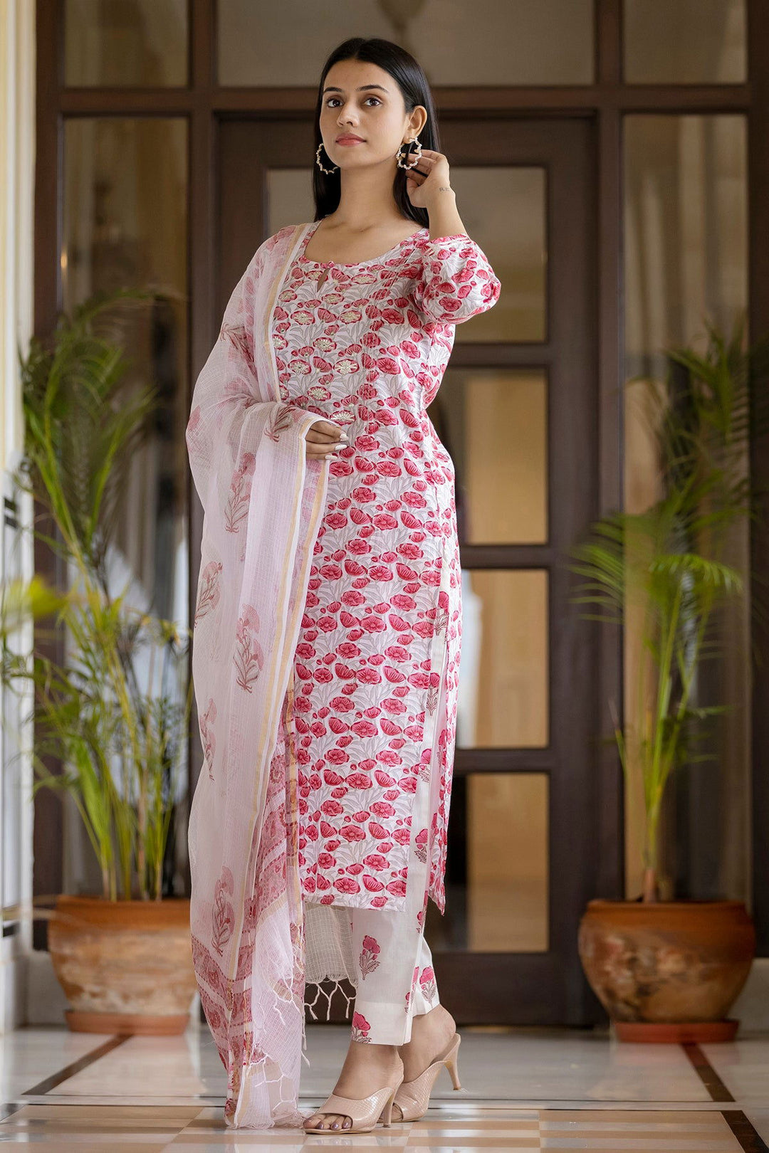 Pink Handblock Printed Cotton Suit Set  (pack of 3) - Kaajh - #tag4#