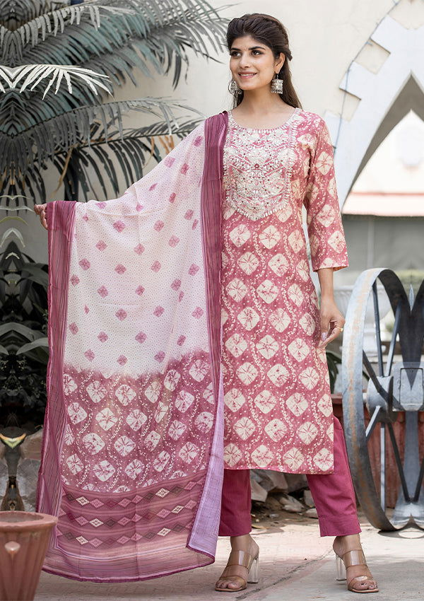Pink Modal Silk Suit Set (pack of 3) - Kaajh - #tag4#