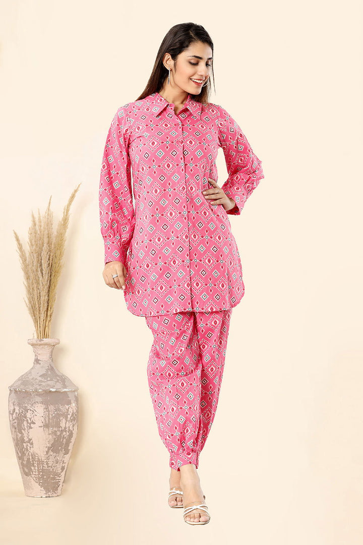 Pink Printed Cotton Co- Ord Set (Set Of 2) - Kaajh - #tag4#