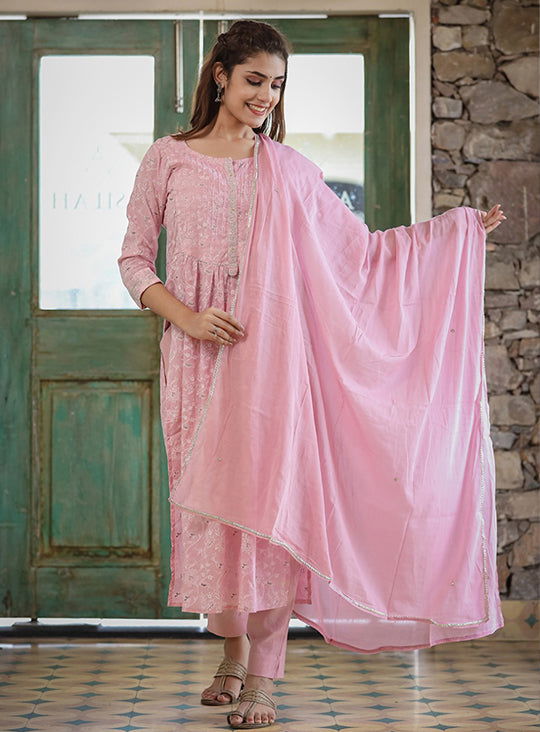 Pink Printed Cotton Kurta Pant Set With Dupatta - Kaajh - #tag4#