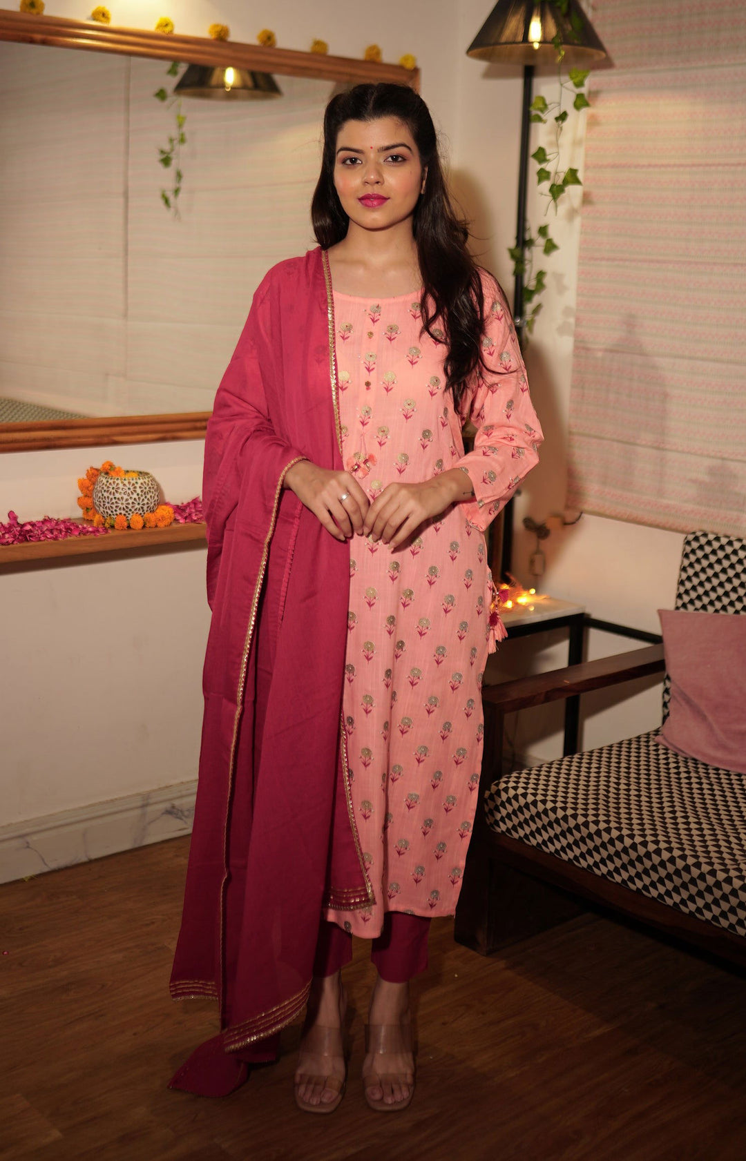 Pink Printed Straight Kurta Pant With Dupatta (pack of 3) - Kaajh - #tag4#