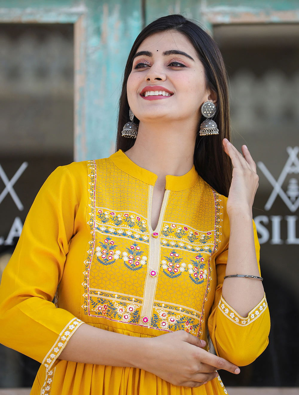 Rayon Printed Yellow Side Slit Long Ethnic Dress (pack of 1) - Kaajh - #tag4#