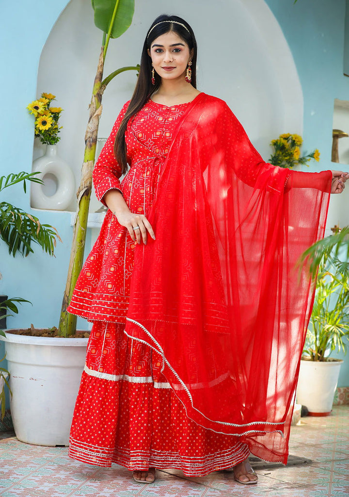 Red Bandhej Cotton Paplum Kurta Sharara With Dupatta (pack of 3) - Kaajh - #tag4#