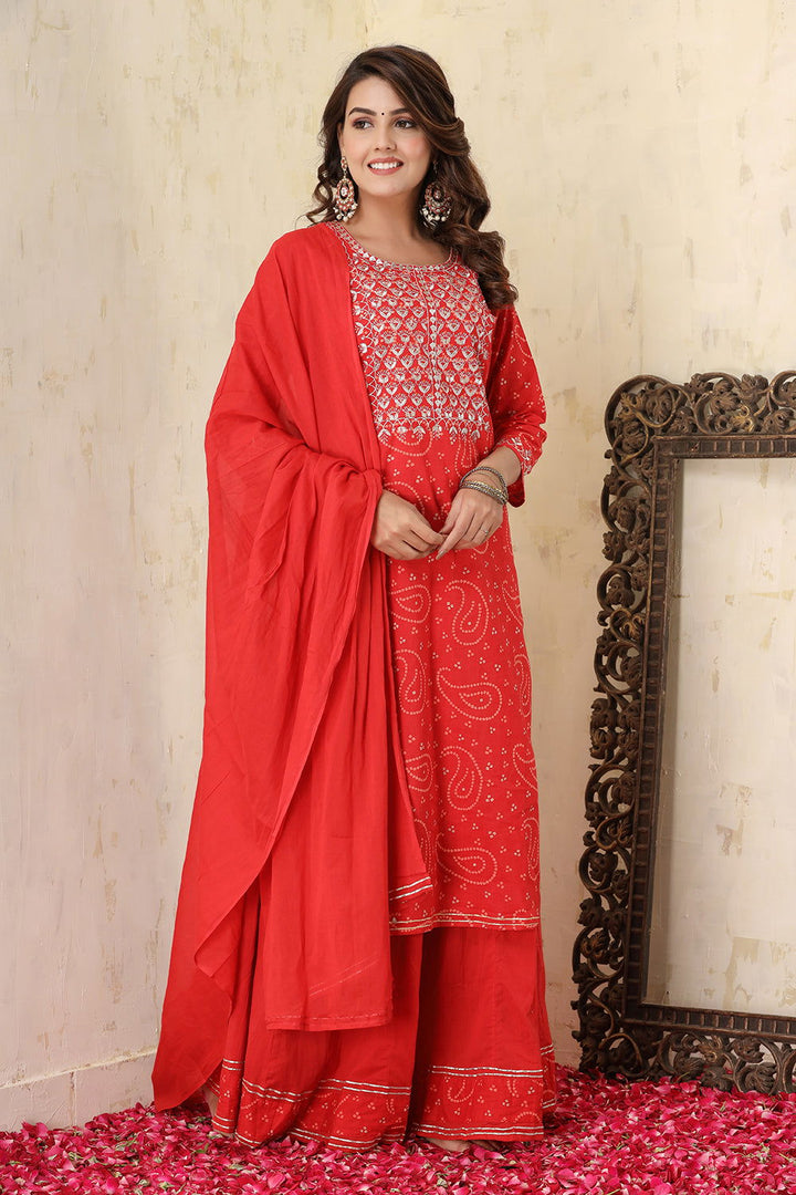 Red Bandhej Embroidered Suit Set (set of 3) - Kaajh - #tag4#