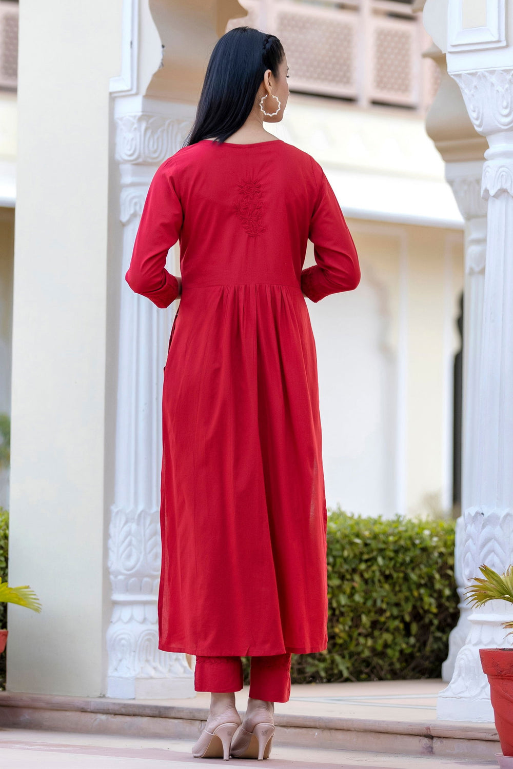 Red Cotton Lucknow Chikankari Suit Set (set of 3) - Kaajh - #tag4#