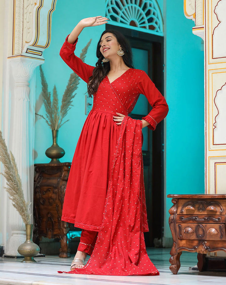 Red Embroidered Angrakha Kurta Set With Trouser and Dupatta (pack of 3) - Kaajh - #tag4#