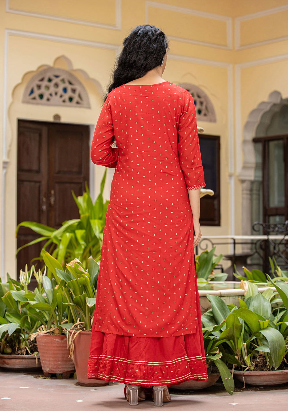 Red Gold Printed Cotton Kurta Sharara Set With Dupatta (Set Of 3) - Kaajh - #tag4#