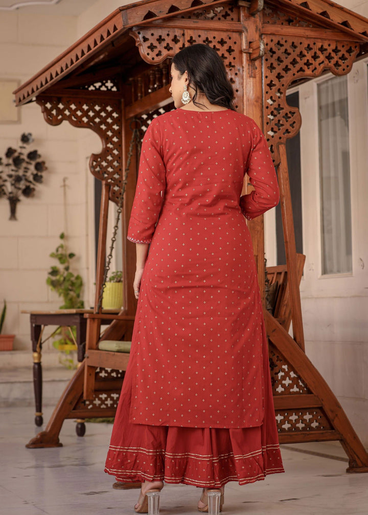 Red Gold Printed Cotton Kurta Sharara Set (pack of 3) - Kaajh - #tag4#