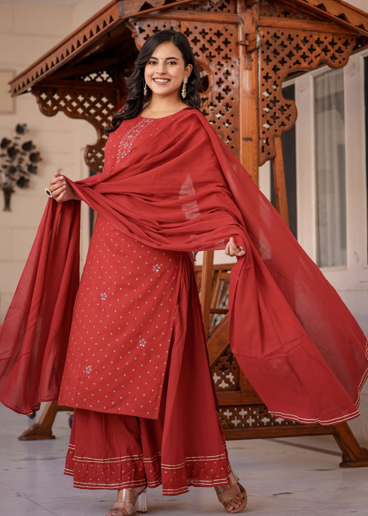 Red Gold Printed Cotton Kurta Sharara Set (pack of 3) - Kaajh - #tag4#
