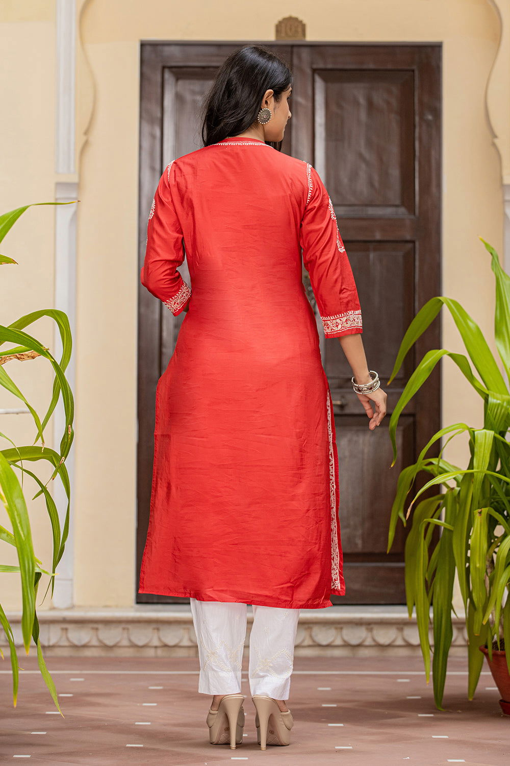 Red Lucknow Chikankari Cotton Kurta Pant Set (set of 2) - Kaajh - #tag4#