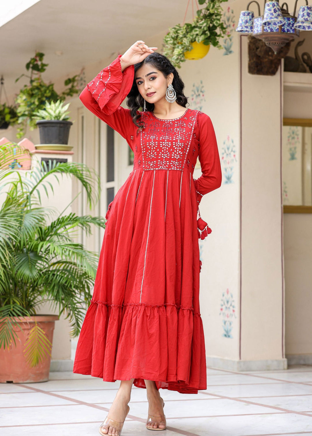 Red Mirror Embroidery Cotton Ethnic Gown (pack of 1) - Kaajh - #tag4#