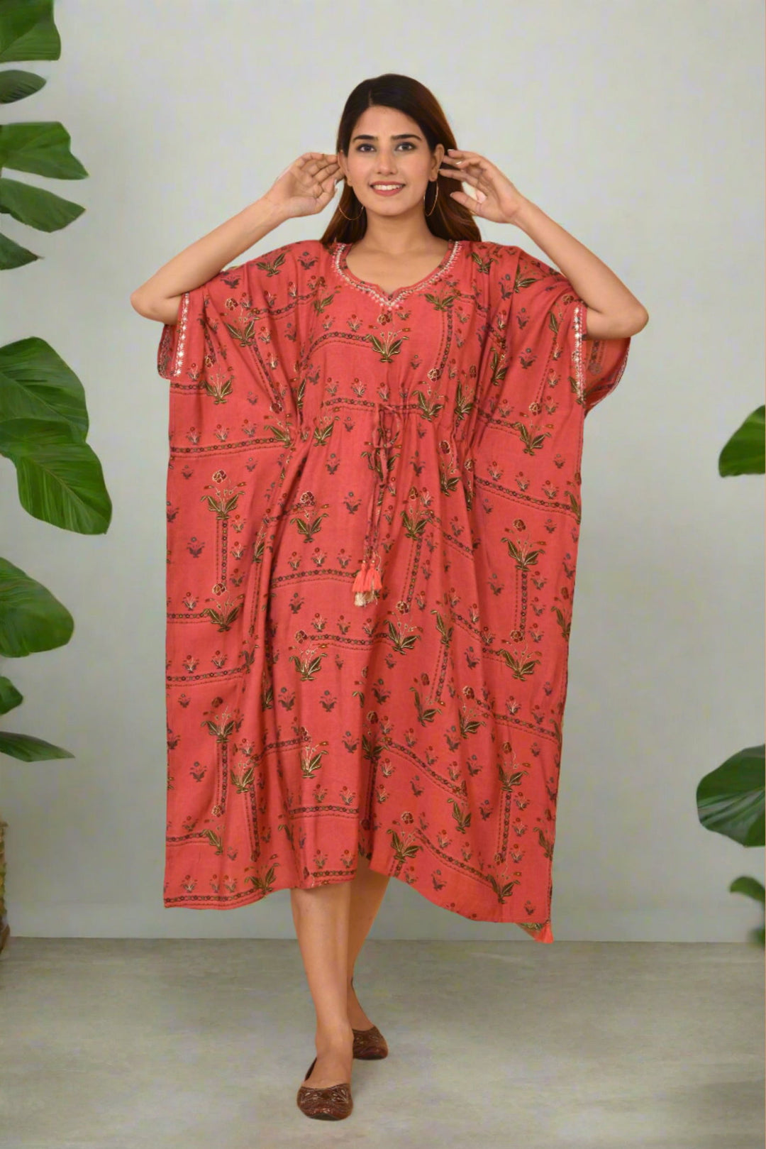 Red Mirror Embroidery Long Kaftan Pant Set (pack of 2) - Kaajh - #tag4#
