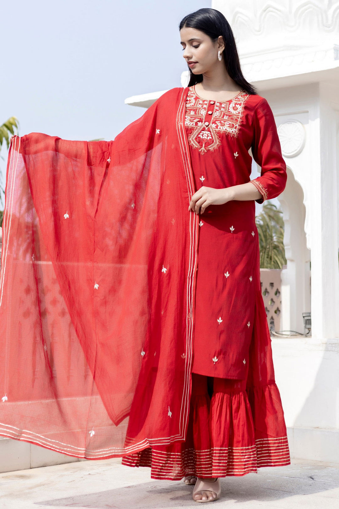 Red Modal Silk Kurta Sharara And Dupatta Set (pack of 3) - Kaajh - #tag4#