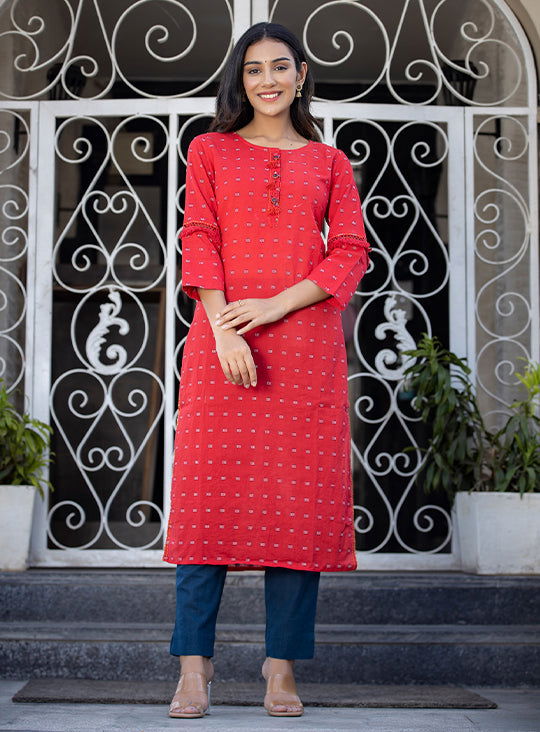 Red Printed Casual Kurta Pant With Jacket (pack of 3) - Kaajh - #tag4#