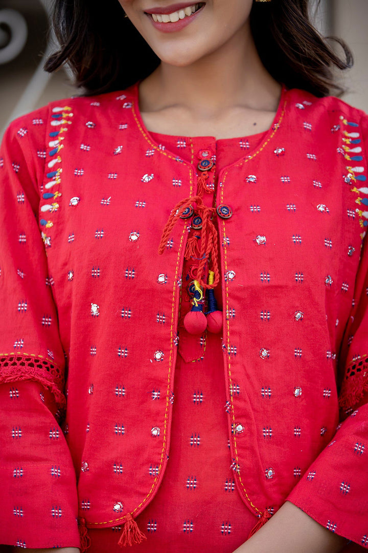 Red Printed Casual Kurta Pant With Jacket (pack of 3) - Kaajh - #tag4#