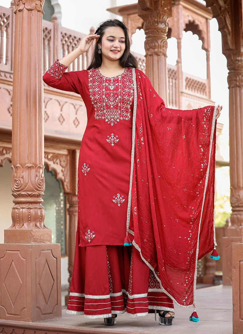 Red Rayon Embroidered Kurta Sharara Set With Dupatta - Kaajh - #tag4#