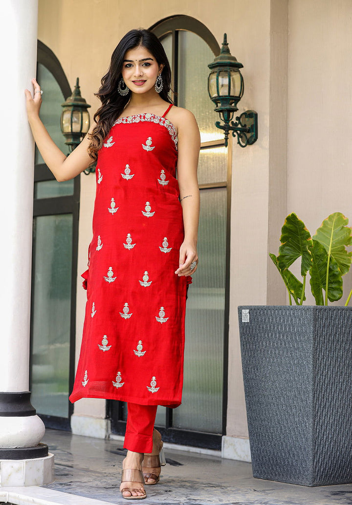 Red Sleeveless Silk Kurta Pant With Dupatta Set (pack of 3) - Kaajh - #tag4#