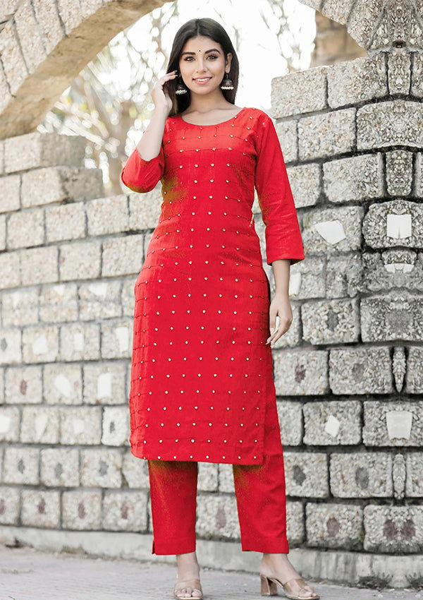 Red Solid Mirror Embellished Kurta Pant Set (pack of 2) - Kaajh - #tag4#