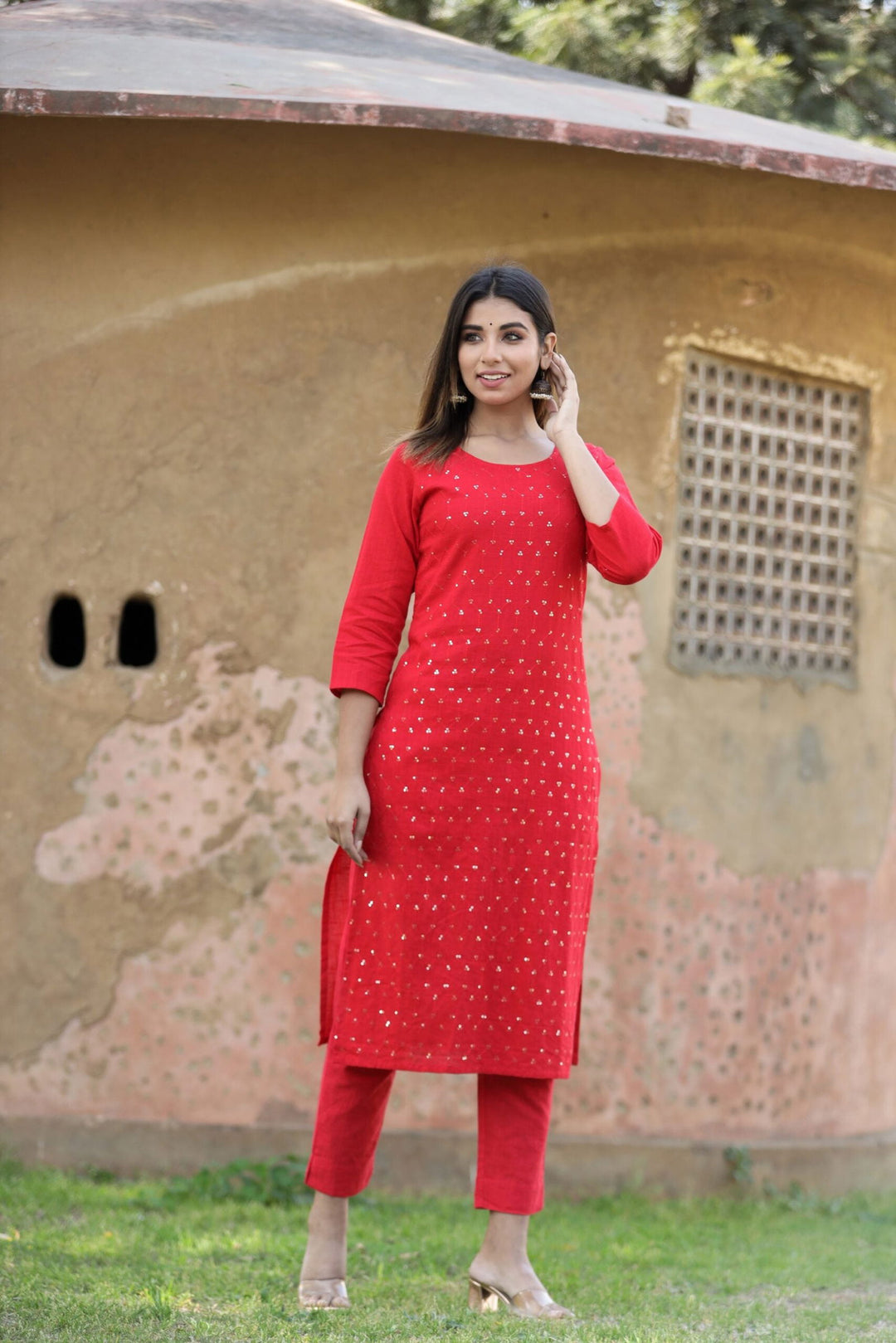 Red Solid Sequins Embellished Kurta Pant Set (pack of 2) - Kaajh - #tag4#