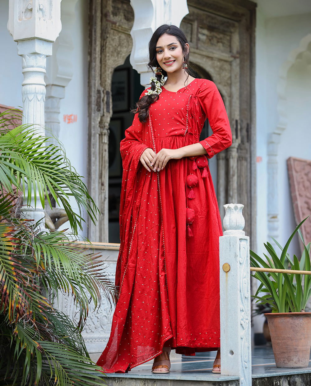 Red Zari Embellished Cotton Angrakha Kurta With Dupatta Set (Pack of 2) - Kaajh - #tag4#