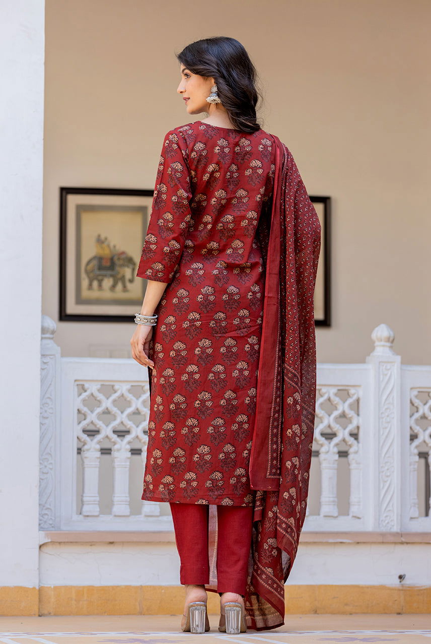 Rust Maroon Ajrakh Printed Cotton Kurta Pant With Dupatta Set (Set Of 3) - Kaajh - #tag4#