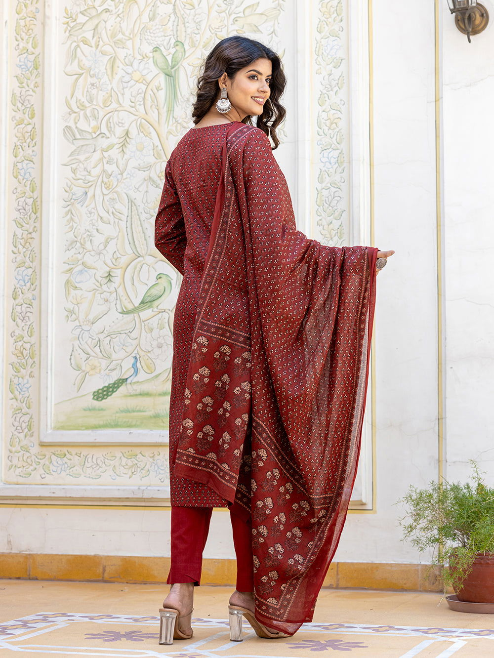 Rust Red Ajrakh Printed Cotton Kurta Pant With Dupatta Set (Set Of 3) - Kaajh - #tag4#