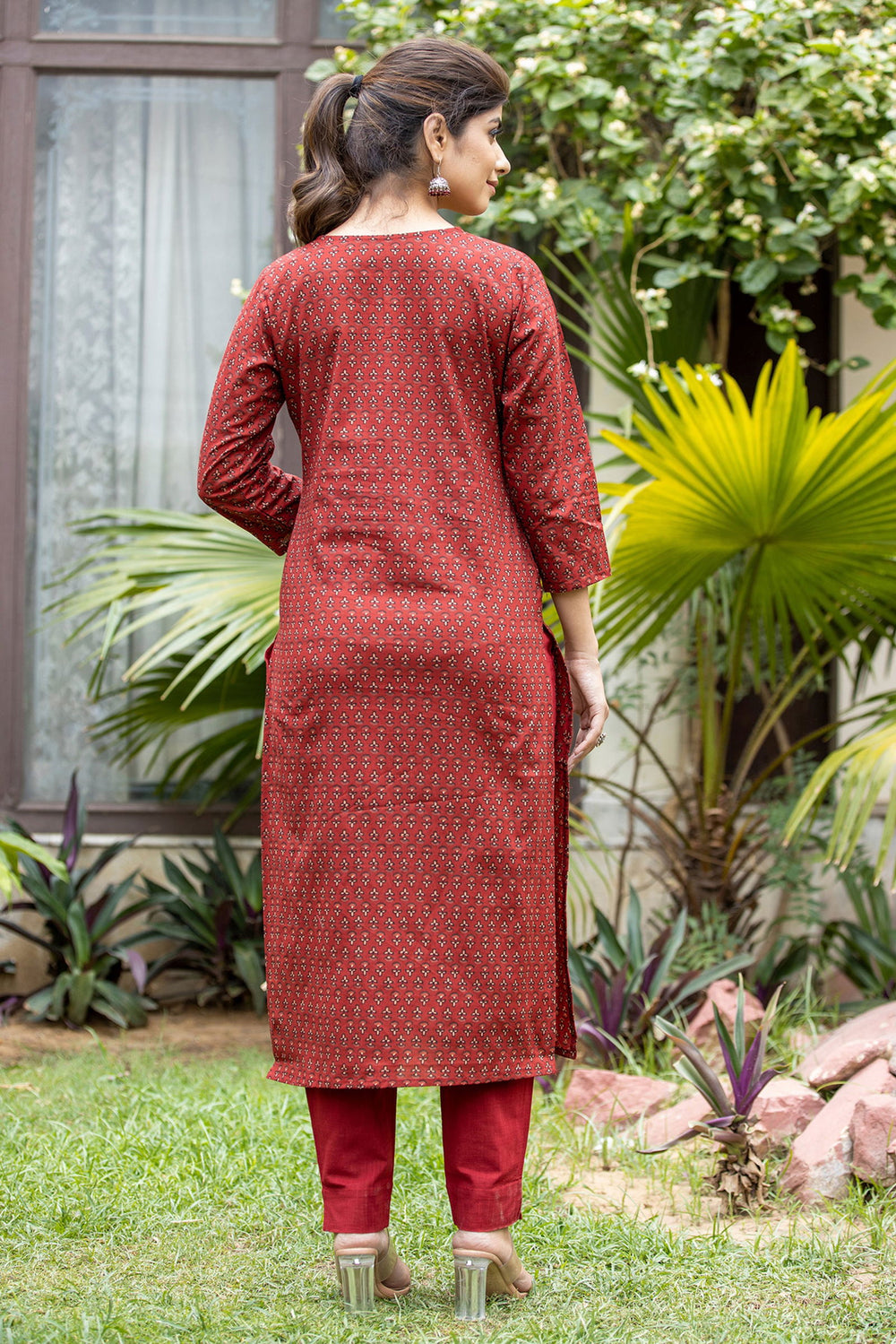 Rust Red Floral Cotton Kurta Pant Set (pack orf 2) - Kaajh - #tag4#