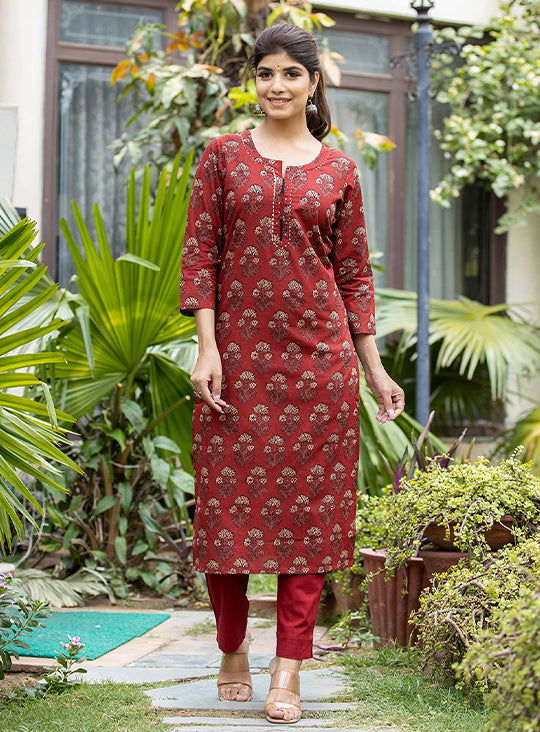 Rust Red Floral Printed Cotton Kurta Pant Set (set of 2) - Kaajh - #tag4#