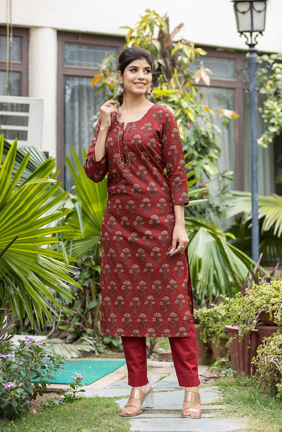 Rust Red Floral Printed Cotton Kurta Pant Set (set of 2) - Kaajh - #tag4#