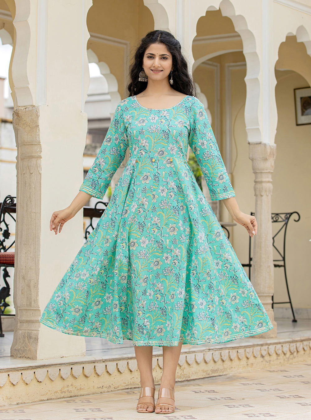 Sea Green Floral Printed Cotton Dress (pack of 1) - Kaajh - #tag4#