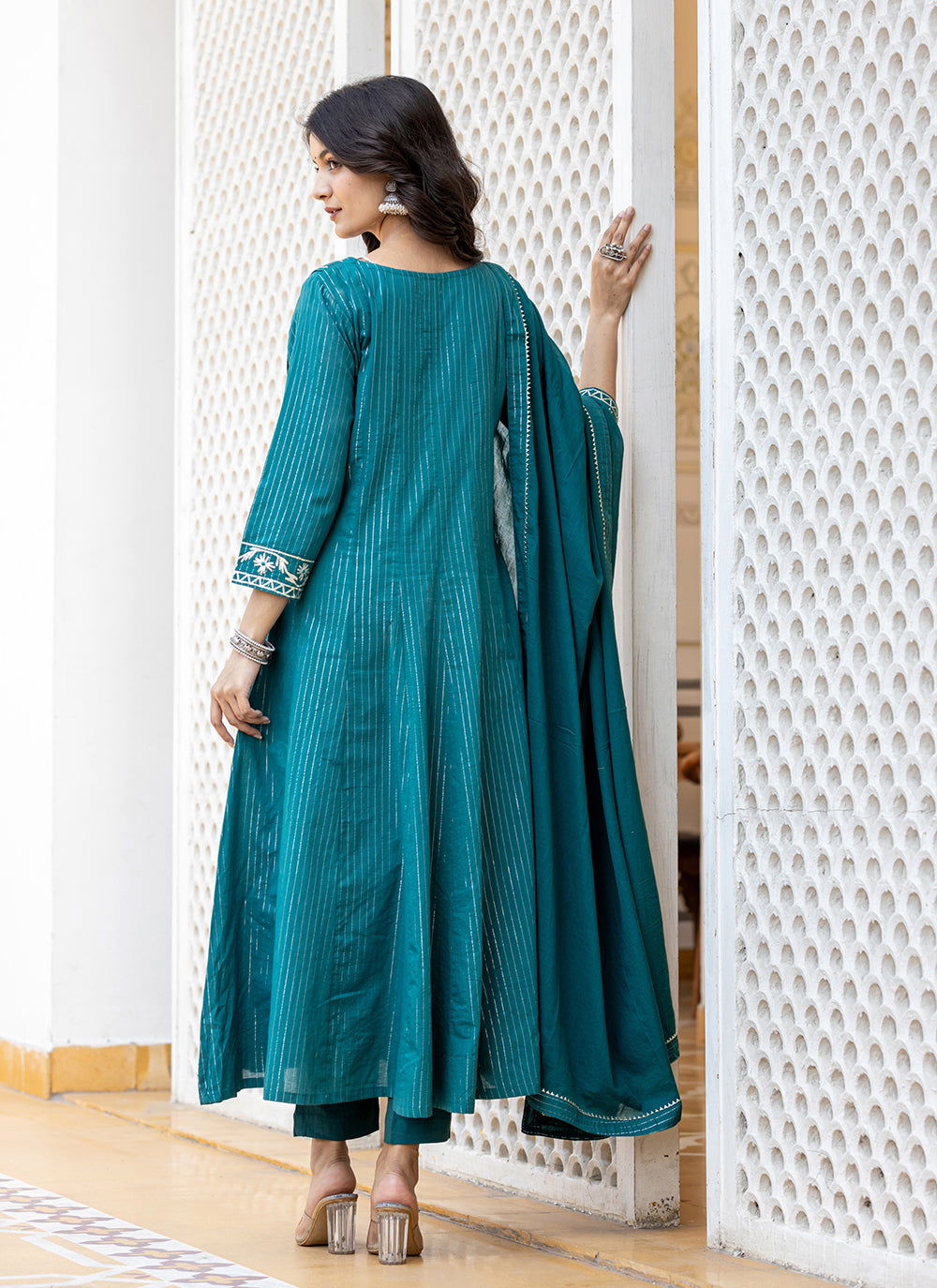 Sea Green Lurex Cotton Kurta Pant And Dupatta Set (Set Of 3) - Kaajh - #tag4#