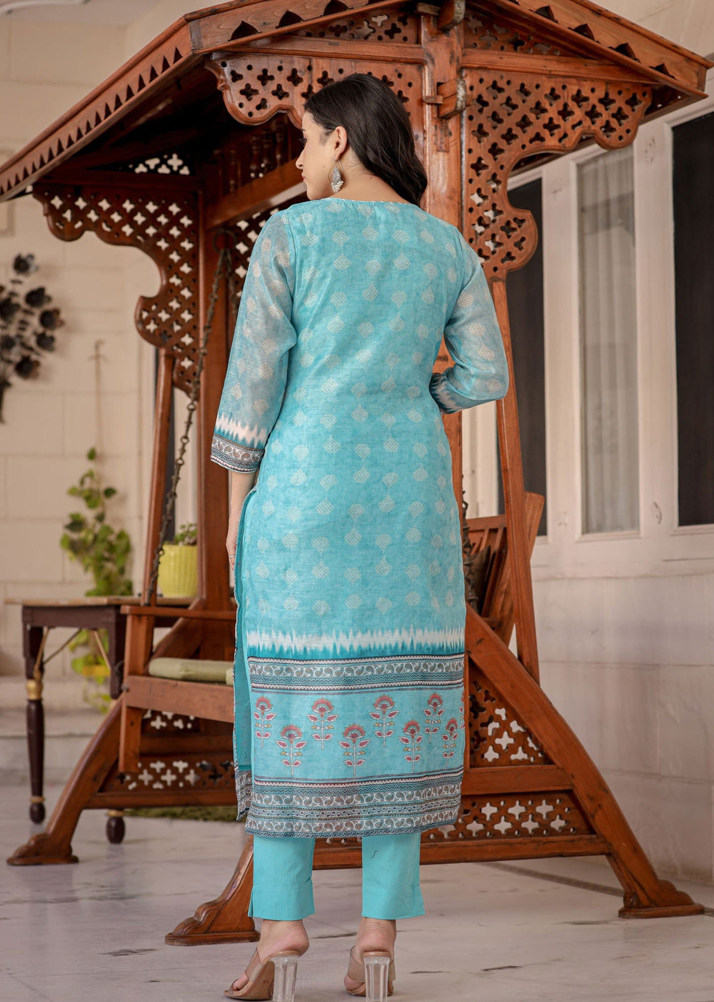 Sky Blue Chanderi Suit Set (pack of 3) - Kaajh - #tag4#