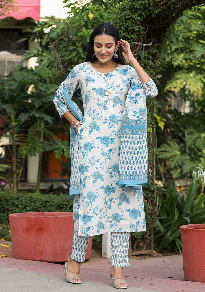 Sky Blue Floral Print Cotton Kurta Pant Set With Dupatta (Set of 3) - Kaajh - #tag4#