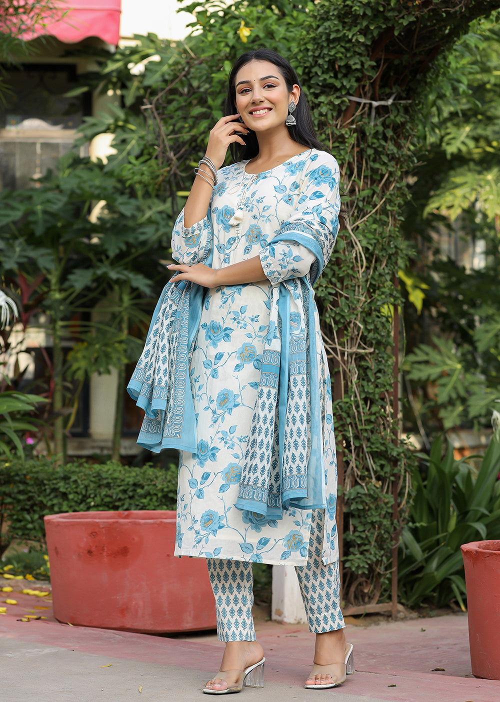 Sky Blue Floral Print Cotton Kurta Pant Set With Dupatta (Set of 3) - Kaajh - #tag4#