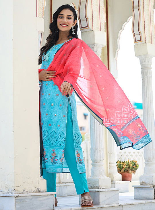 Sky Blue Printed Chanderi Kurta Pant Set With Dupatta (pack of 3) - Kaajh - #tag4#