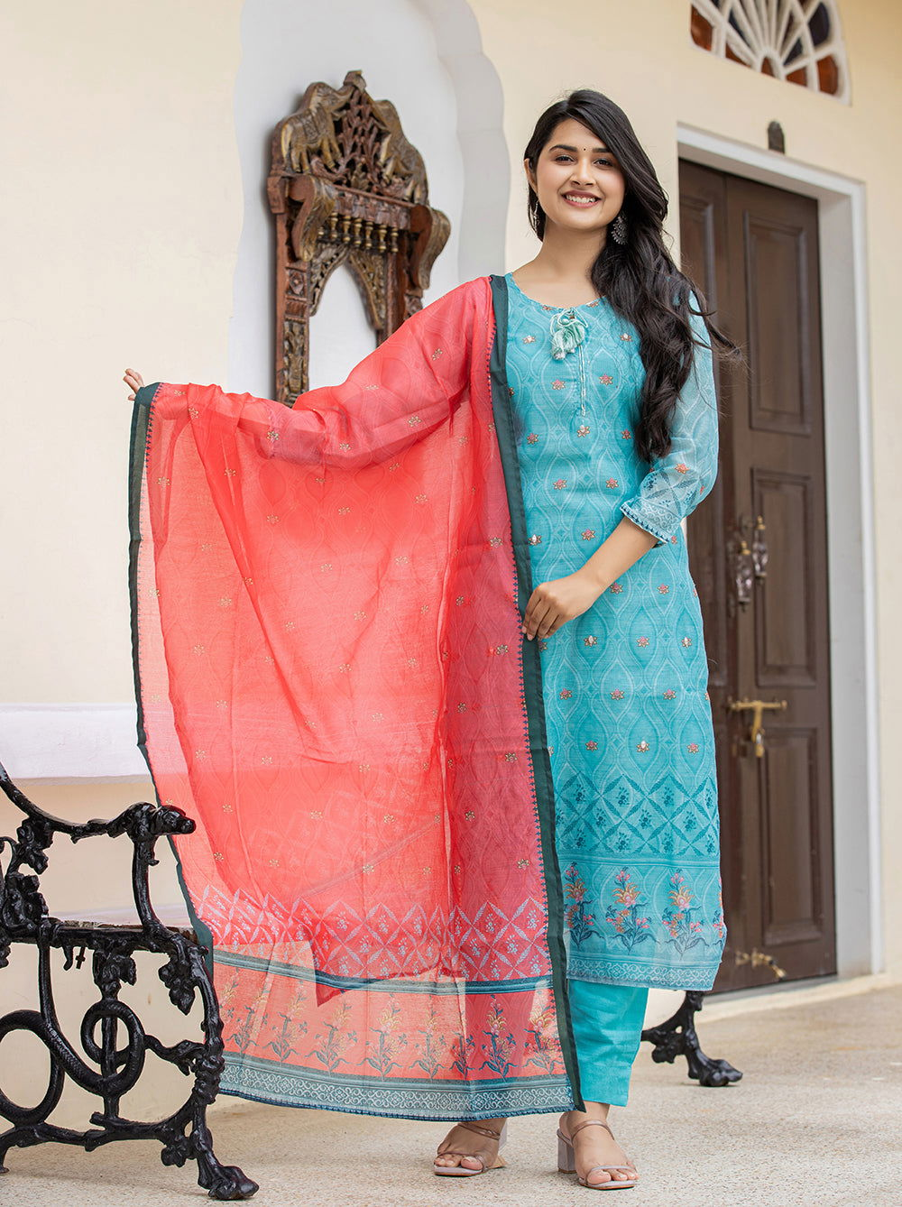 Sky Blue Printed Chanderi Suit Set (pack of 3) - Kaajh - #tag4#