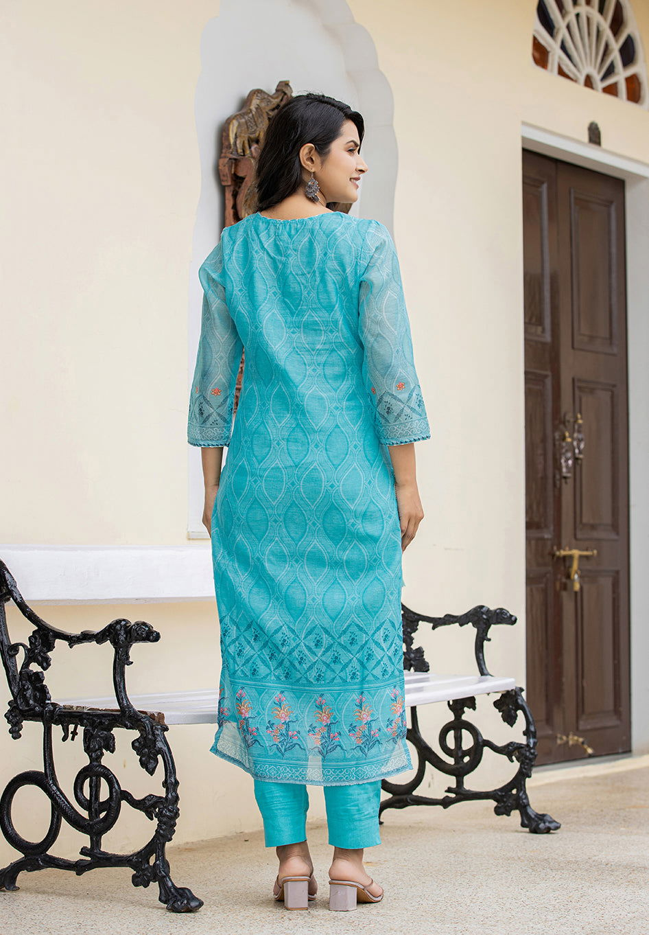 Sky Blue Printed Chanderi Suit Set (pack of 3) - Kaajh - #tag4#