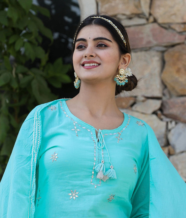Sky Green Mirror Embellished Cotton Suit Set (Set Of 3) - Kaajh - #tag4#