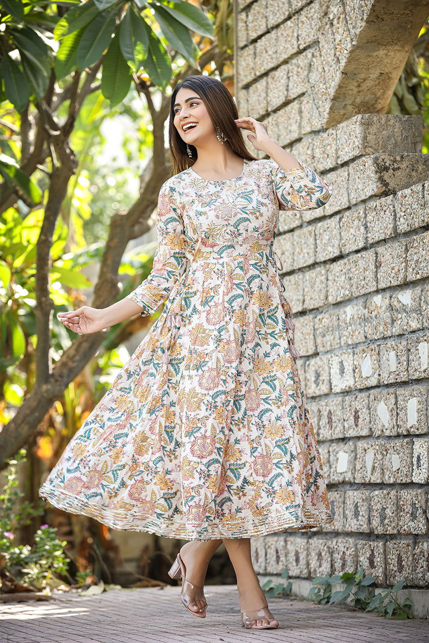 Sunshine White-Blue Handblock Cotton Dress - Kaajh - #tag4#