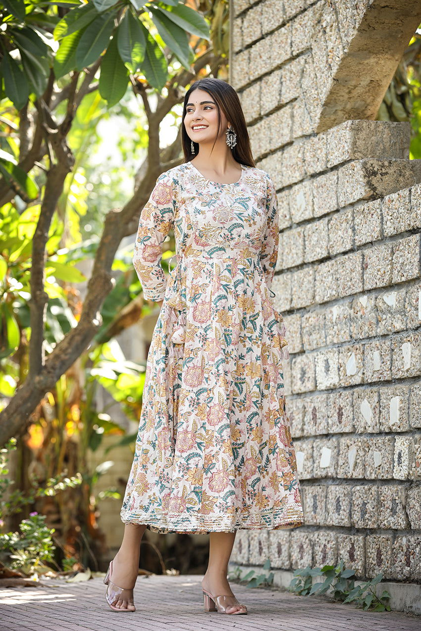 Sunshine White-Blue Handblock Cotton Dress - Kaajh - #tag4#