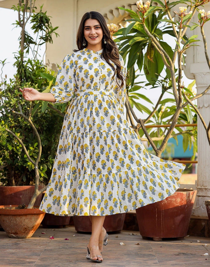 Sunshine White-Yellow Handblock Cotton Dress (set of 1) - Kaajh - #tag4#