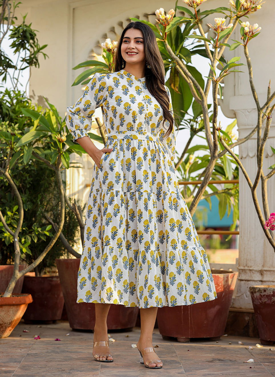 Sunshine White-Yellow Handblock Cotton Dress (set of 1) - Kaajh - #tag4#