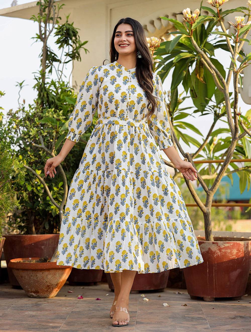 Sunshine White-Yellow Handblock Cotton Dress (set of 1) - Kaajh - #tag4#